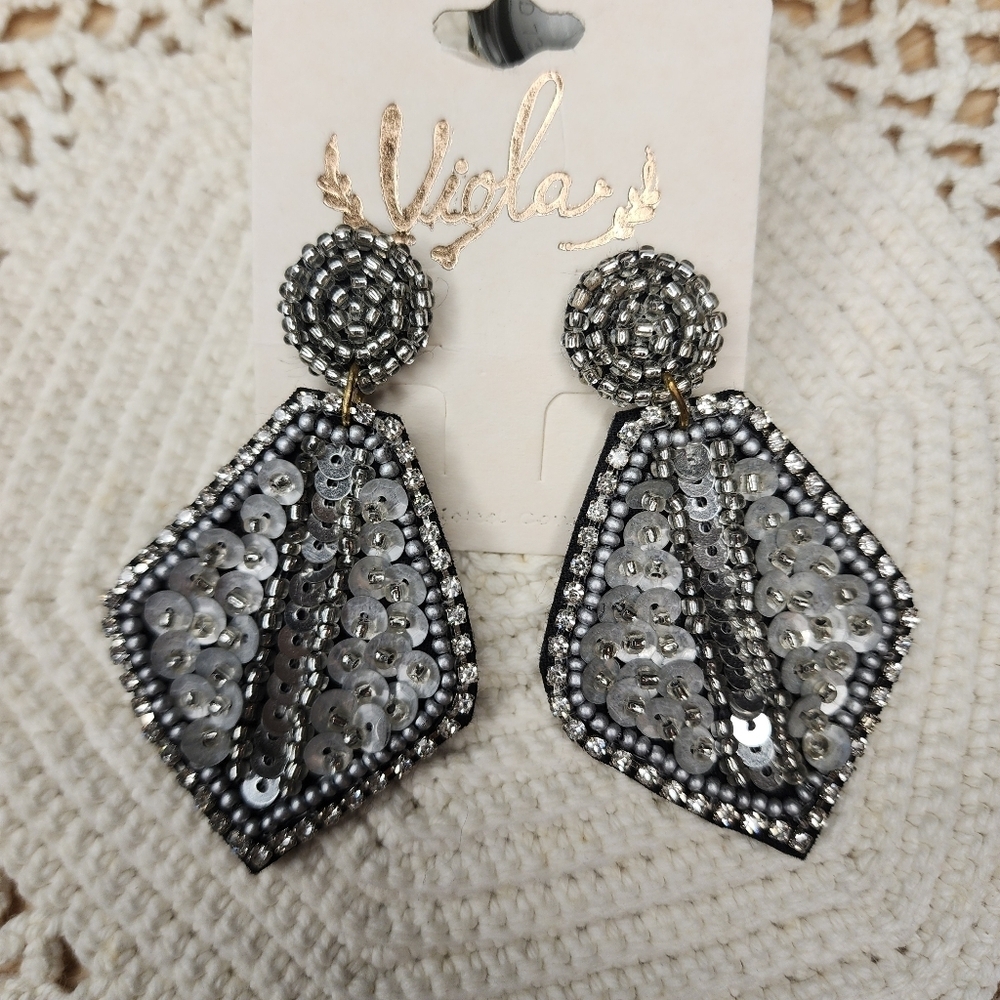 Kay Lee New York Boho Silver Sequin Beaded Earrings
